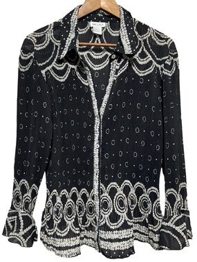 90s NICOLA Sheer Pearl Chain Print Blouse Dark Academia Gothic Boho